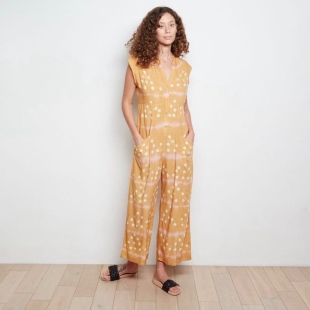 Anthropologie Jumpsuit The Odells Orange Cream Tie Ikat Sleeveless Button